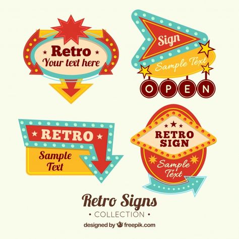 4 outdoor signs, retro style Free Vector Retro Sign Illustration, Retro Open Sign, 50s Font Retro, Illustrative Lettering, Diner Logo, 1950s Signage, Retro Motel Sign, Retro Motel, Motel Sign