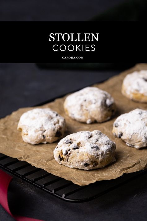 German Christmas stollen cookies on a baking tray. Stollen Bites Recipe, Stollen Cookies Recipe, Traditional German Christmas Cookies, Austrian Christmas Cookies, Scandinavian Christmas Cookies, Stollen Cookies, German Cookies Traditional, Stollen Cookie, Stollen Bites