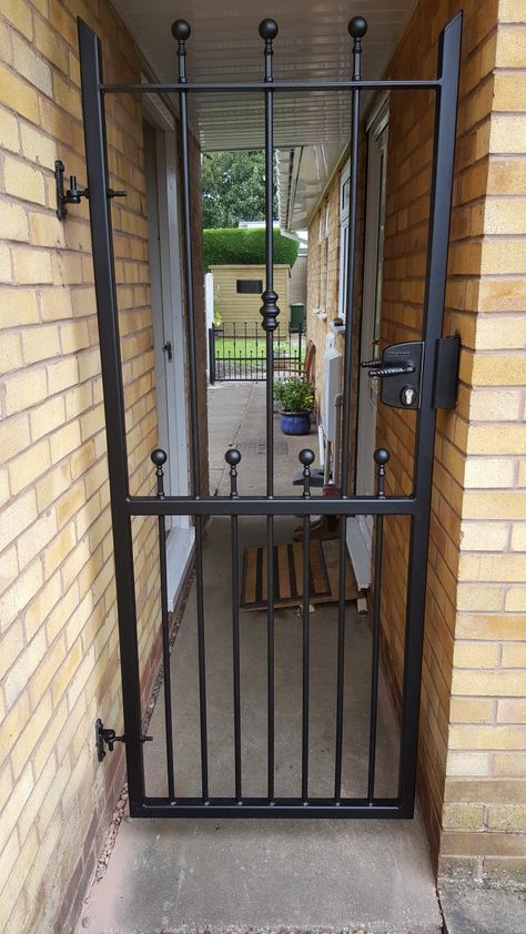 Metal Side Gate, Iron Security Doors, Side Gate, Security Gates, Side Gates, Doors Makeover, Gate Locks, Wood Gate, Minimal House Design