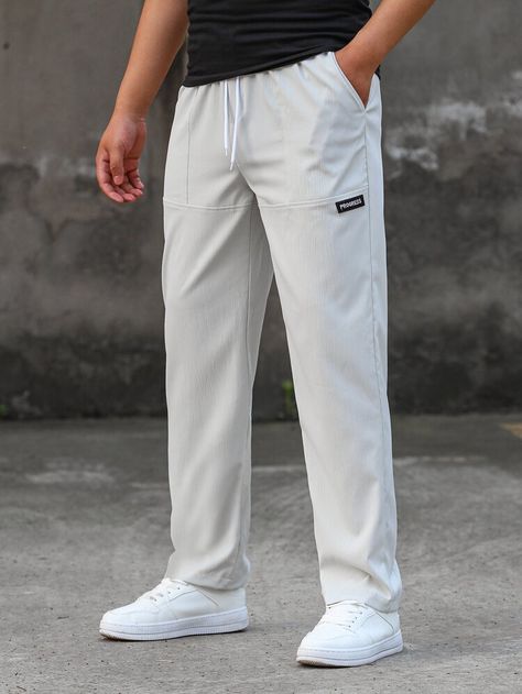 Men Letter Patched Drawstring Waist Straight Leg Pants | SHEIN USA Sport Pants Outfit Men, Joggers Outfit For Men, Best Mens Joggers, Joggers Men Outfit, Black Joggers Men, Jogger For Men, Formal Attire For Men, Joggers For Men, Smart Casual Menswear