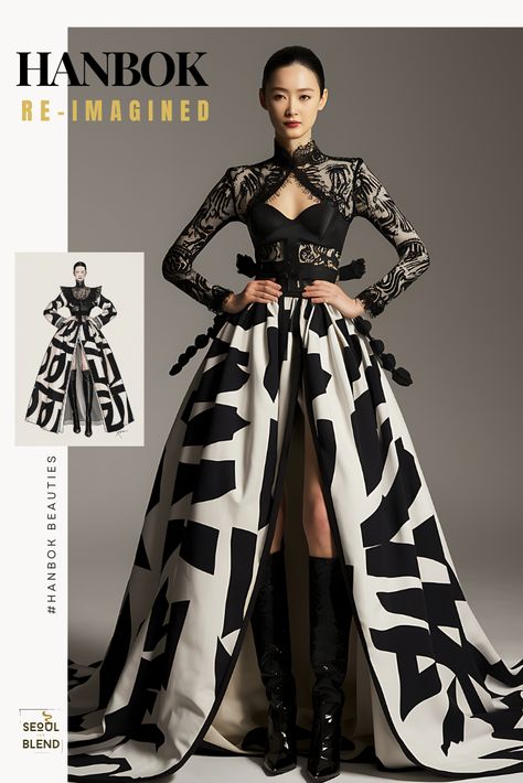 Hanbok Fashion Beauty: Korean Tradition in Striking Black and White Black Hanbok, Avant Garde Fashion Street, Korean Hanbok Modern, Romantic Street Style, Punk Avant Garde, Hanbok Fashion, Avangard Fashion, Modern Hanbok Dress, Au Characters