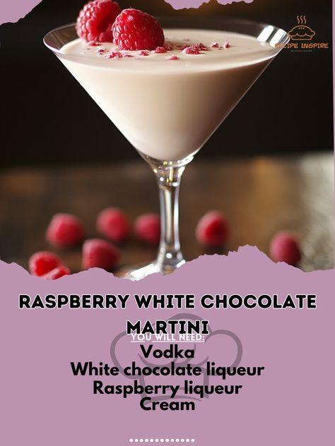 🍓🍫 Treat yourself to a Raspberry White Chocolate Martini – a luxurious blend of raspberry and white chocolate flavors! 🍸💫 #RaspberryMartini #WhiteChocolateDelight Raspberry White Chocolate Martini Ingredients: Vodka (1.5 oz) White chocolate liqueur (1 oz) Raspberry liqueur (0.5 oz) Cream (1 oz) Ice (as needed) Fresh raspberries (for garnish) Instructions: Shake vodka, white chocolate liqueur, raspberry liqueur, and cream with ice. Strain into a chilled martini glass. Garnish with fresh ra... Fruity Martini, Pub Cocktails, Girly Cocktails, Cocktail Contest, Raspberry Martini, White Chocolate Martini, Alcoholic Milkshake, White Chocolate Liqueur, Raspberry Cocktail