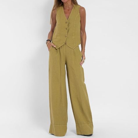 Azazaza Women Cotton Linen Two Piece Set Suit Vest and Long Pants Sets Splicing Casual Sets Button Top and Wide Leg Pants Set Suit Vest and Trousers Outfits : Amazon.co.uk: Fashion Winter Pant, Tøp Aesthetic, Elegante Y Chic, Casual Wear Women, Vest Blazer, Blazer Set, Estilo Chic, Linen Suit, Pant Length