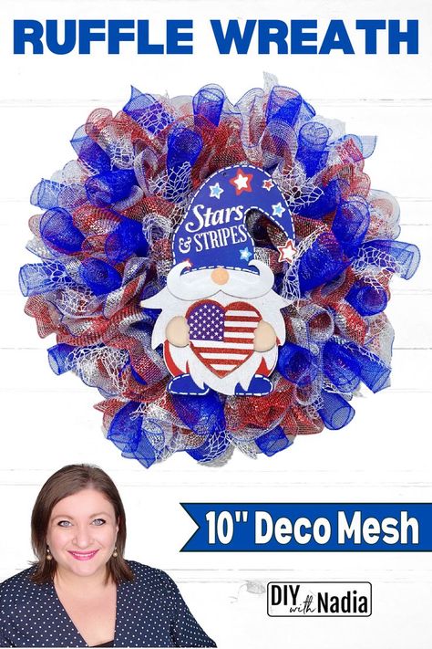 How to make 10 inch Deco Mesh RUFFLE WREATH TUTORIAL 4th of July patriotic wreath DIY Deco Mesh Ruffle Wreath, Ruffle Wreath Tutorial, Patriotic Wreath Diy, Ruffle Wreath, Making Mesh Wreaths, Deco Mesh Wreaths Tutorials, Burlap Flower Wreaths, Deco Mesh Wreaths Diy, Mesh Wreath Tutorial