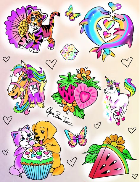 Lisa Frank Doodles, Neopets Tattoos, Lisa Frank Tattoos, 90s Nostalgia Tattoo, Lisa Frank Tattoo Ideas, Lisa Frank Tattoo, Lisa Frank Alien, 90s Flash Tattoo, Frank Tattoo