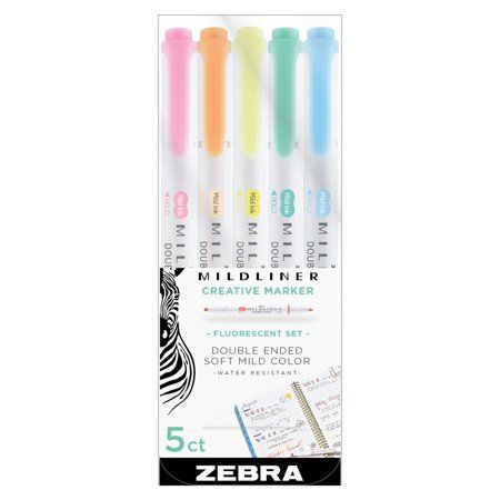 Zebra Mildliner Double-Ended Highlighter Set, 5-Colors, Fluorescent Zebra's Mildliner features a mild color ink that shows up softly on paper. The double-ended bullet and fine point tip highlighters are ideal for a variety of applications, whether for hand-lettering or writing in a rapid journal, planner or study guide. The mild water-resistant ink is translucent and excellent for layering. This set includes one each of blue, blue green, yellow, orange, and pink. Size: none. Color: Multicolor. Mildliner Highlighters, Pastel Highlighter, Bible Journaling Supplies, Zebra Mildliner, Calendar Stamps, Highlighter Set, Pen Store, Marker Paper, Highlighter Pen