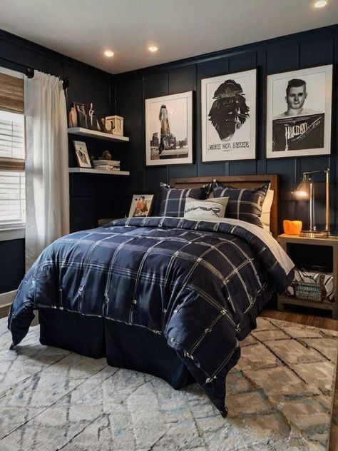 Navy And White Boys Bedroom, Boys Navy Blue Bedroom, Black And Blue Boys Room, Teen Bedroom Decor For Boys, Grey Teenage Boys Room, Boys Rooms Teenage, Moody Teen Boy Bedroom, Room For Teenage Boys, Teenage Bedroom Ideas Boy