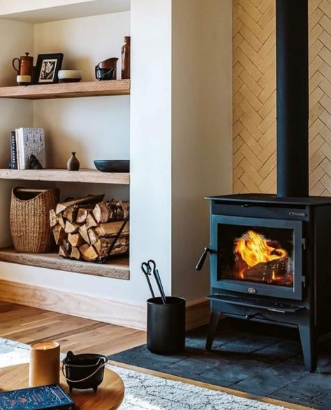 Corner Log Burner, Corner Wood Stove, Corner Stove, Wood Stove Hearth, Wood Burner Fireplace, Wood Burning Stoves Living Room, Fireplace Bookshelves, Wood Stove Fireplace, Barn Kitchen