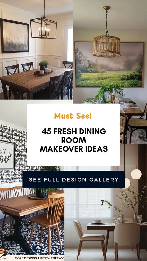 Looking to refresh your dining area? Discover 45 stylish dining room makeover ideas that can transform your space easily. From trendy furniture choices to elegant lighting updates, these ideas bring freshness and modern flair to any dining room. Explore vibrant decor, effective layouts, and thoughtful touches that reflect your personal style. Whether you aim for a cozy atmosphere or a formal dining setting, these makeover tips create a welcoming environment for gatherings, making every meal special. Get inspired to redesign your dining space today! Boho Mid Century Modern Dining Rooms, Update Dining Room Furniture, Easy Dining Room Makeover, Quiet Luxury Dining Room, Brown Table Decor Dining Rooms, Dining Table Wall Decor Ideas, Dining Chairs For Dark Wood Table, Mirror Behind Dining Table, Small Formal Dining Room Ideas