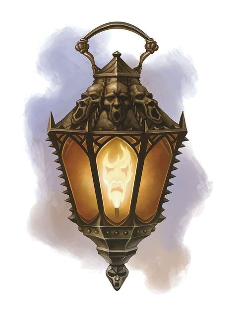 Lamp Of Tempus:  This lamp casts bright light in a 15-foot radius and dim light for an additional 30 feet. Once lit, it burns for 6 hours on a flask (1 pint) of oil. After being lit for 1 minute, the enchantment is activated and a small symbol of Tempus appears on the base. Lantern Art, D D Items, Heroic Fantasy, Fantasy Props, Game Props, Wow Art, Fantasy Rpg, Fantasy Inspiration, Dark Souls