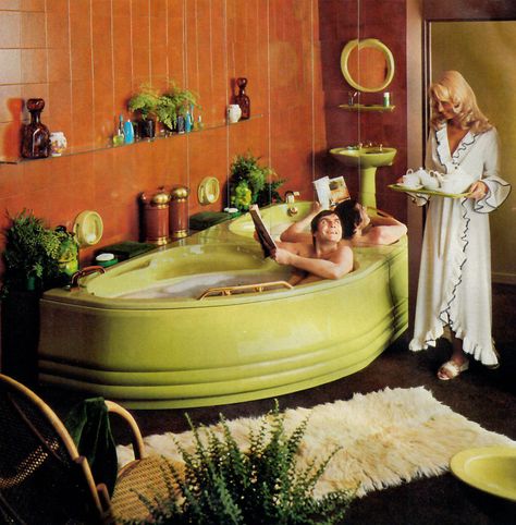 Twyfords can turn your bathroom into a living room. House & Garden Oct 1975 70s Interior Design, Conversation Pit, 70s House, 80s Interior, 70s Interior, Mid Century Interior, Retro Interior Design, 70s Home, Retro Bathrooms