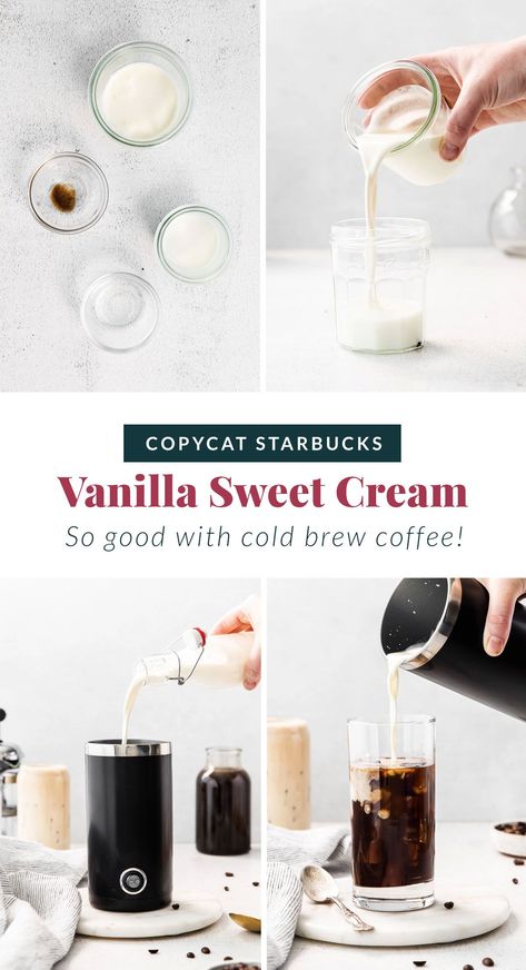 If you're a Starbuck's lover, then you are going to swoon over this at-home vanilla sweet cream cold foam recipe. It's made with just a few simple ingredients and you can easily make enough to last you 5 days! Sweet Cream Cold Foam Recipe, Cream Cold Foam Recipe, Starbucks Sweet Cream, Vanilla Sweet Cream Cold Brew, Cold Foam Recipe, Vanilla Sweet Cream Cold Foam, Sweet Coffee Drinks, Sweet Cream Cold Brew, Homemade Cold Brew Coffee