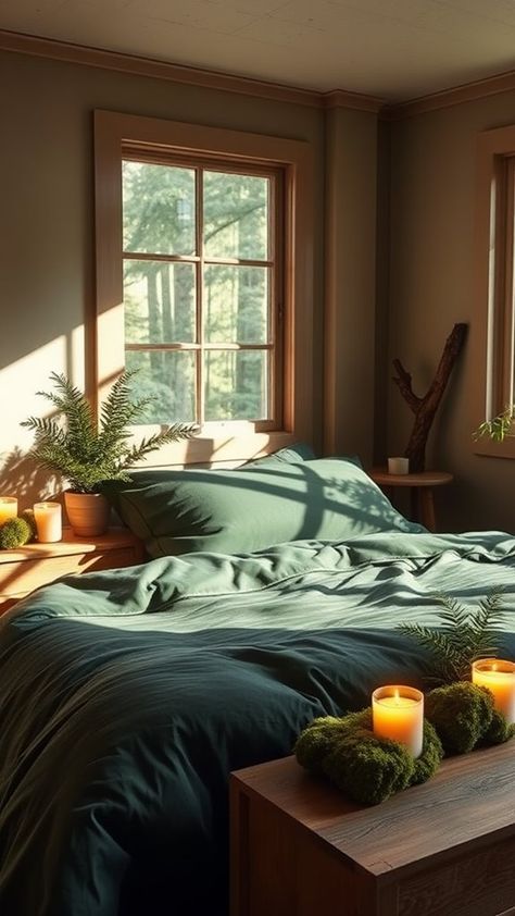 Turn your bedroom into a forest-inspired oasis with rich green tones, natural wood decor, and soft, cozy fabrics. A woodland-themed space promotes relaxation and a connection to nature. Add hanging plants, botanical prints, and soft lighting to create a soothing and stylish retreat that brings the peaceful essence of the forest indoors. #ForestRetreat #NatureInspiredDecor Forest Interior Design, Forest Bedroom Ideas, Forest Themed Bedroom, Nature Inspired Bedroom, Design A Bedroom, Natural Wood Decor, Forest Bedroom, Forest Retreat, Earthy Bedroom