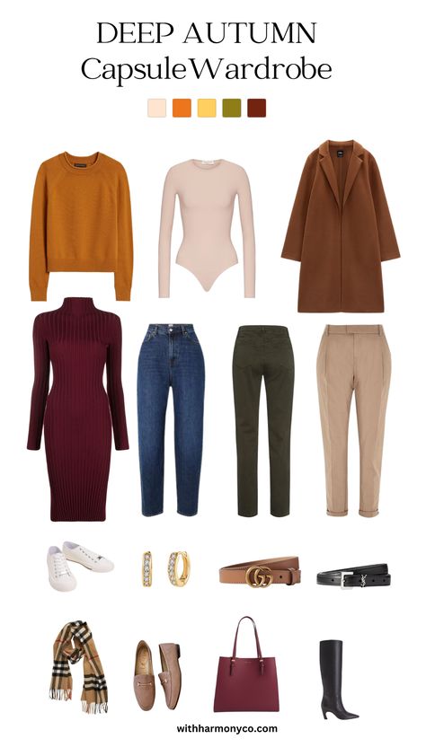 Deep Autumn Wardrobe Palette, Created Colorful Deep Autumn, Clothes For Deep Autumn, Deep Autumn Classic Style, Dark Autumn Color Palette Outfit Ideas, Dark Autumn Color Outfit, Capsule Wardrobe Color Palette Fall, Deep Autumn Accessories, Deep Autumn Clothing