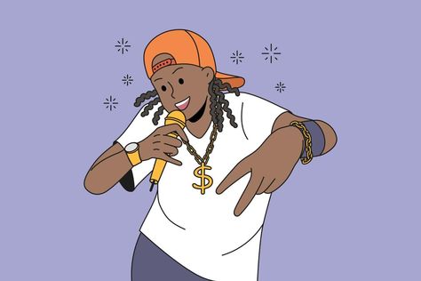 African American man in cap and gold accessories rapping. Male rapper sing in microphone. Hobby and entertainment. Vector illustration. Rapper Pose, Rapper Illustration, Editorial Illustration Magazine, Singing Drawing, Rap Singers, Hip Hop Singers, African American Man, Mono Print, Best Rap Songs