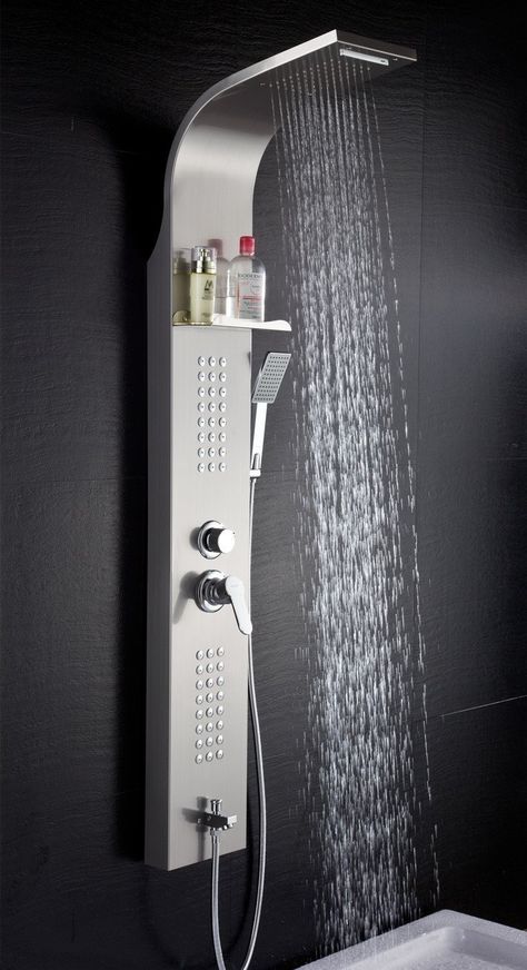 ELLO&ALLO Stainless Steel Rainfall Waterfall Shower Panel Tower Rain Massage System with Jets, Hand Shower and Horizontal Spray Fingerprint-Free, Brushed Nickel - - AmazonSmile Shower Tower Panel, Best Bathroom Lighting, Shower Tower, Bathroom Shower Panels, Waterfall Shower, Pretty Bathrooms, Shower Panel, Shower Drains, House Architecture