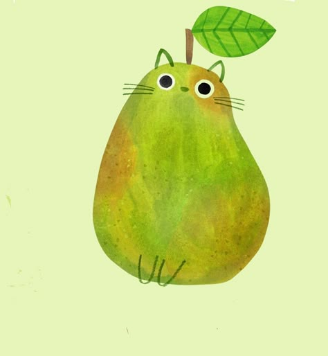 Pear Art Illustration, Fruit Cat Drawing, Fruit Animals Drawing, Cute Food Illustration, Pear Illustration, Pear Drawing, Cute Illustration Art, Random Drawing Ideas, Pear Art