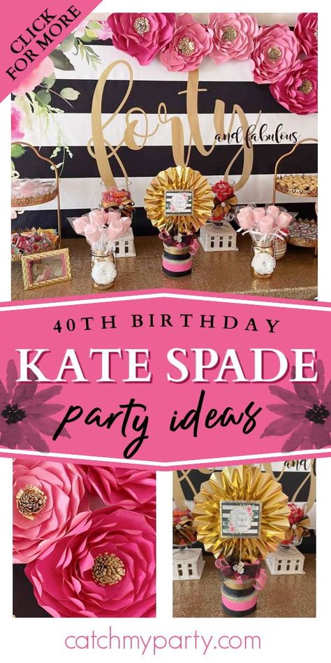 40th Bday Party Ideas For Women Fun, Kate Spade Table Decor, Table Decorations For 40th Birthday, Kate Spade Themed Birthday Party, Kate Spade Birthday Party Decoration, Black And Pink 40th Birthday, Ruby Jubilee 40th Birthday Party, Female 40th Birthday Party Ideas, 40th Birthday Centerpieces For Woman