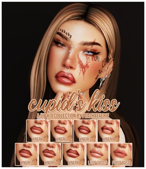 cupid's kiss lip kit collection ♡ by peachyfaerie | peachyfaerie on Patreon Sims4 Makeup, Cupid's Kiss, Urban Makeup, Cc Makeup, Cc Shopping, Y2k Makeup, Makeup Cc, Free Sims 4, Sims 4 Cc Makeup