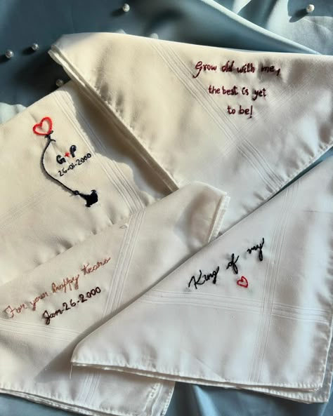 A set of four embroidered men’s handkerchiefs went out for a cute couple celebrating their anniversary! 🥰 Swipe to find some pictures with details! . . . #menshandlerchief #embroidery #customembroidery #giftideas #giftsforher #giftsforhim #chennaibased #valentineday #artbychahat Embroidery On Handkerchief For Men, Handkerchief Embroidery Men, Hand Embroidered Wedding Gift, Embroider Handkerchief, Embroidery On Handkerchief, Sweet Message For Friend, Hanky Embroidery, Embroidery Clock, Kingdom Spouse