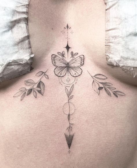 Lower Chest Tattoos For Women, Butterfly Between Breast Tattoo, Female Chest Tattoo Ideas Middle, Sternum Tattoo Women Butterfly, Girl Chest Tattoo Ideas, Tattoo Sternum Women, Woman Chest Tattoo Middle, Butterfly Sternum Tattoo Women, Middle Of The Chest Tattoo Women