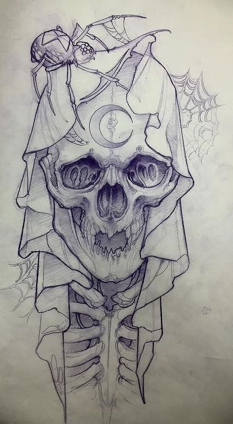 This image shows a cute drawing of a baby skeleton with a very big skull. The top of the skull head is covered with a large scarf which overlaps down to its body. There is a crescent shape which resembles the moon on the skull forehead. There is also a spider on top of its head with the web in the background. #tattoofriday #tattoos #tattooart #tattoodesign #tattooidea Tattoo Drawings For Men, Ako Kresliť, Reaper Tattoo, Cool Tattoo Drawings, Octopus Tattoos, Kunst Tattoos, Tattoo Zeichnungen, Men Tattoos, Drawing Eyes