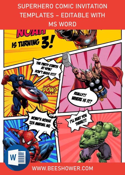 Download Superhero Comic Invitation Templates - Editable With Ms Word Marvel Party Invitations, Superhero Invitations Free Template, Birthday Invite Template Free, Comic Invitation, Superhero Birthday Invitations Free, Avengers Party Invitation, Avengers Invitation, Superhero Invite, Superhero Birthday Party Invitations