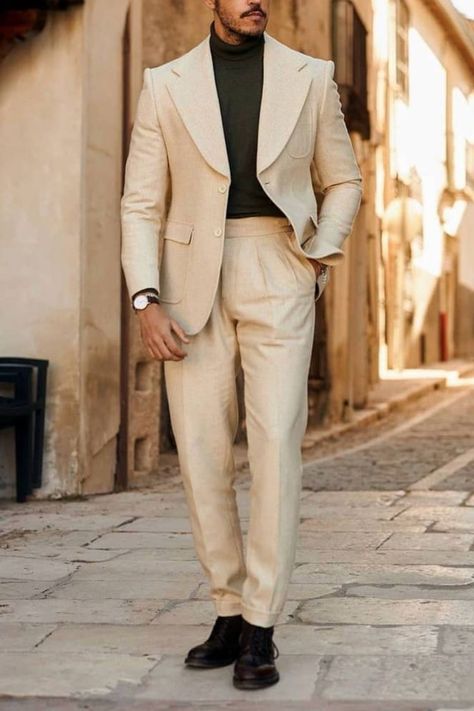 Mens Turtleneck Suit, Suit With Turtleneck Men, Cream Blazer Outfit Men, Cream Suit Men, Cream Blazer Outfit, Shirt Jacket Outfit, Turtleneck Suit, Badass Beard, Men's Business Casual Style