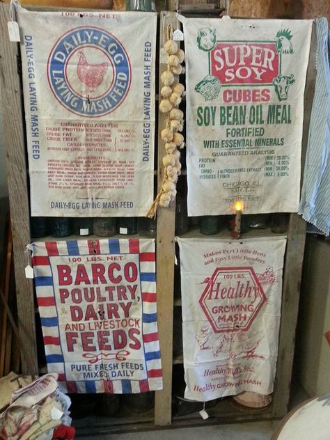 feed sacks Decorating With Old Feed Sacks, Old Feed Sacks Ideas, Farmhouse Bedroom Lamps, Farmhouse Bedroom Bedding, Red Wing Crocks, Flour Sacks Vintage, Feed Sack Bags, Farmhouse Bedroom Set, Vintage Feed Sacks