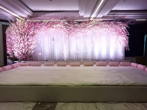 Cherry Blossom Stage Decor, Cherry Blossom Wedding Decor, Sangeet Decoration, Cherry Blossom Theme, Stage Decor, Haldi Ceremony, Stage Decorations, In Full Bloom, Wedding Backdrop