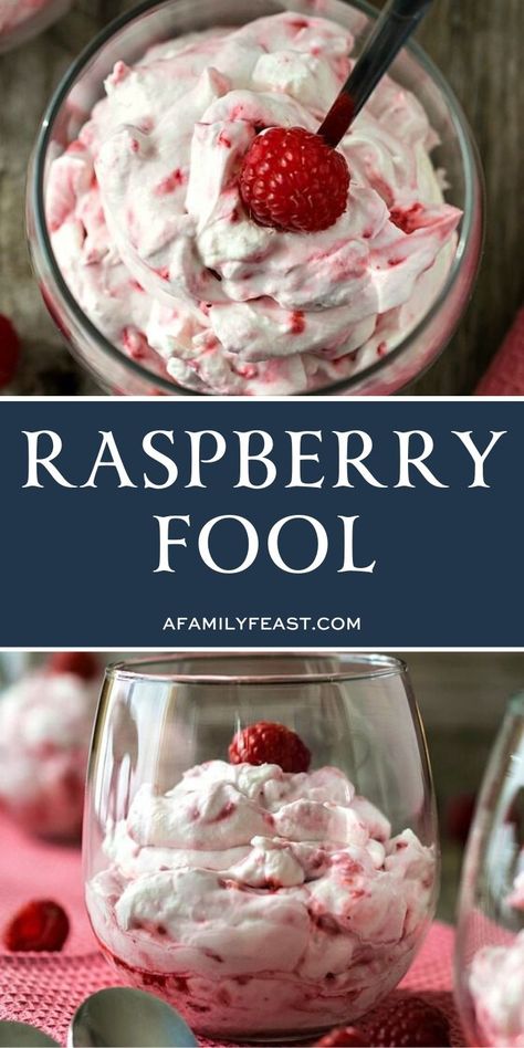 This classic British dessert dates back to the sixteenth century when puréed, stewed fruit (typically gooseberries back in those days) was folded into sweet custard.  The more modern versions, like our recipe for Raspberry Fool, replaces the custard with whipped cream, and just about any kind of mashed or puréed berry or other soft fruit can be used! #dessert #raspberryfool #5ingredientdessert Berry Fool, Raspberry Desserts Easy, Raspberry Custard, Raspberry Fool, Family Feast Recipes, Jaime Oliver, 5 Ingredient Desserts, Feast Recipes, Sweet Custard