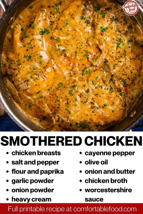 This smothered chicken recipe is absolutely delicious and takes less than 1 hour to make! It's classic comfort food at its finest that's made with a savory creamy sauce and tender chicken breasts. Comfort Chicken Recipes, Smother Chicken, Smothered Chicken Thighs, Smothered Chicken Recipe, Smothered Chicken Recipes, 2023 Recipes, Smothered Chicken, Thanksgiving 2024, Crockpot Cooking