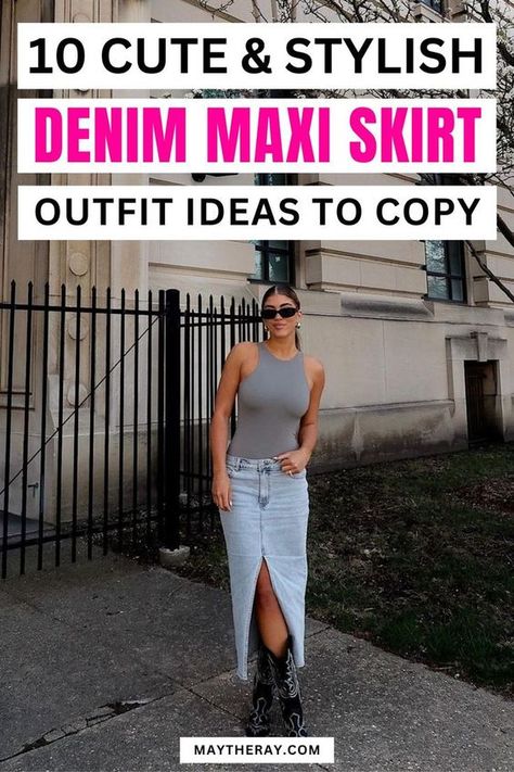 Light Wash Denim Skirt Outfits, How To Wear A Long Jean Skirt, Long Jean Skirt Outfits Fall 2024, Maxi Denim Skirt Outfit Ideas, Long Jean Skirt Outfits Fall, Denim Skirts Outfit, Long Denim Skirt Outfit Ideas, Maxi Jean Skirt Outfits, Petite Outfits Fall