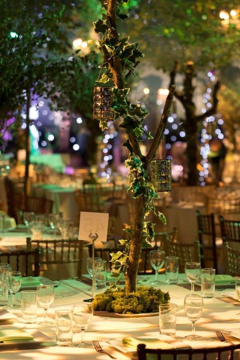 Centerpiece idea - looks great with gold and emerald green! Emerald Green Forest Quinceanera Theme, Quinceanera Decorations Emerald Green, Green Enchanted Forest Quinceanera, Emerald Enchanted Forest Quinceanera Theme, Woodland Quinceanera Theme, Emerald Centerpieces Quince, Forest Green Centerpieces, Enchanted Forest Emerald Green Quinceanera Theme, Emerald Green Enchanted Forest Quince