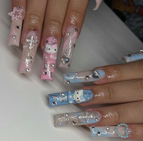 Pink and blue, kawaii long acrylic nails,baby reveal kind of nails Lots Of Charms Nails, Kawaii Hello Kitty Nails, Kawaii Nail Ideas, Hello Kitty Y2k Nails, Sanrio Nails Acrylic, Y2k Hello Kitty Nails, Sanrio Acrylic Nails, Hello Kitty Acrylics, Easy Nail Polish Ideas