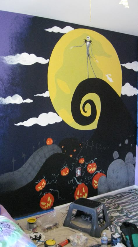 best bedroom mural ever! Nightmare Before Christmas Mural, Halloween Mural Ideas, Gothic Mural Paintings, Nightmare Before Christmas Bedroom, Jack Skellington Drawings, Halloween Mural, Nightmare Before Christmas Bedding, Christmas Bedroom Ideas, Jack Nightmare Before Christmas