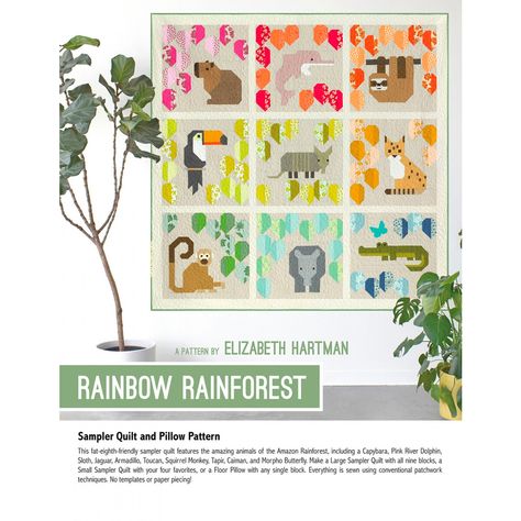 Rainbow Rainforest Pattern | Shabby Fabrics Animal Quilt Patterns, Pink River Dolphin, Elizabeth Hartman Quilts, Farm Animal Quilt, Pink River, In The Hoop Projects, Forest Quilt, Squirrel Monkey, River Dolphin