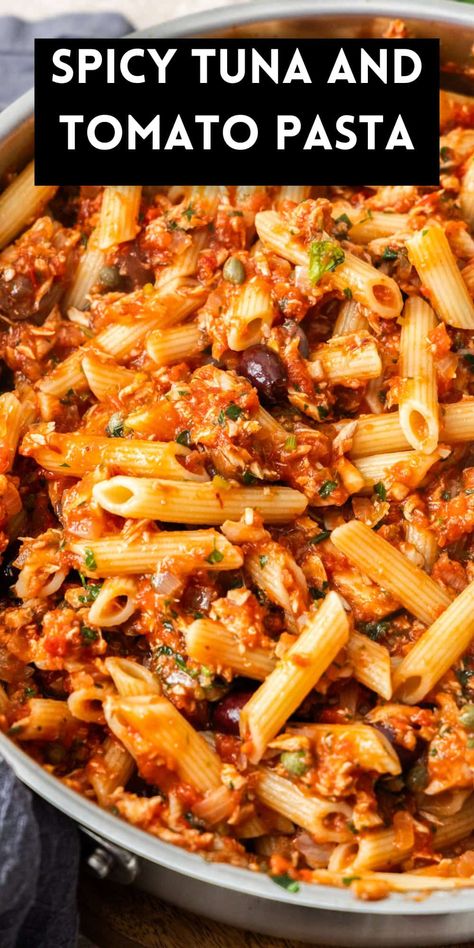 My Spicy Tuna and Tomato Pasta is a full-flavoured dish that is easily made from store cupboard ingredients. Tinned tomatoes, garlic and onion are the basis of the sauce, with tinned tuna, capers, olives, and chilli flakes providing great flavour. This a meal which is perfect for days when you don’t have the time or energy to go to the grocery store and is certain to become a regular addition to your meal plans. Tinned Tuna Recipes, Tuna And Tomato, Balsamic Chicken Pasta, Easy Tuna Recipes, Tuna Dinners, Creamy Tuna Pasta, Chicken Main Dish Recipes, Complicated Recipes, Store Cupboard