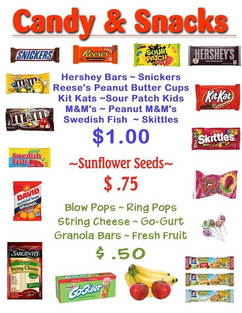 Concession Stand Snack Ideas, Mobile Concession Stands, Snack Ideas To Sell At School, Concession Stand Food Ideas Baseball, Selling Snacks At School Ideas, Best Selling Concession Food, Healthy Concession Stand Food Ideas, Snack Bar Ideas Concession Stands, High School Concession Stand Food Ideas