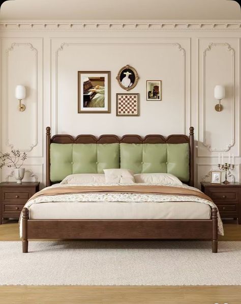 Wooden Bed With Cushion Headboard, Headboard Cushion Design, Teakwood Bed Designs, Bed Design Modern Wooden, Classic Hotel Room, Wooden Headboard Bedroom, Traditional Modern Bedroom, Victoria Bedroom, Cot Design