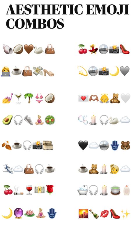 emoji combinations for, partying, city life, self care, vanilla girl, dark feminine, clean girl, lover girl, wellness girl, old money girl, travelling, autumn, health, holiday, business etc Money Emoji, Old Money Girl, Wellness Girl, Aesthetic Emoji, Cute Emoji Combinations, Girl Emoji, Money Girl, Emoji Combinations, Emoji Party