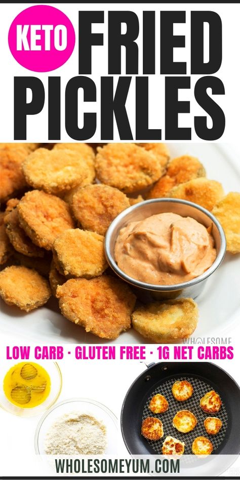 Low carb keto fried pickles without flour are CRISPY and easy! Plus, this gluten-free fried pickles recipe needs just 5 simple ingredients. #wholesomeyum Keto Fried Pickles, Keto Appetizer Recipes, Keto Apps, Gluten Free Soft Pretzels, Air Fryer Recipes Low Carb, Fried Pickles Recipe, Low Carb Comfort Food, Low Carb Gluten Free Recipes, Carb Sides