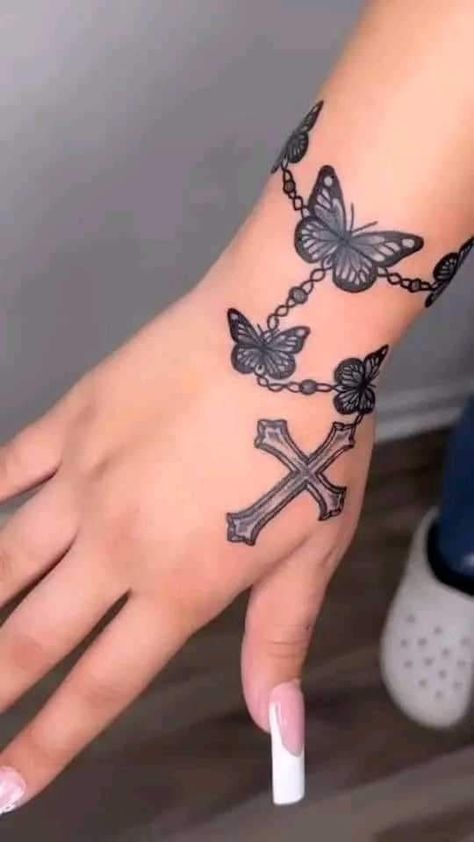 Rosary Hand Tattoos For Women, Rosary Wrist Tattoo, Rosary Hand Tattoo, Unique Tattoo Ideas For Women, Rosary Tattoo Wrist, Tattoo Ideas Female Unique, Rosary Tattoo On Hand, Girly Hand Tattoos, Baddie Tats