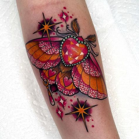 Jeweled Moth Tattoo, Rosy Maple Moth Tattoo Design, Moth Tattoo Eyes, Rosey Maple Moth Tattoos, Pink Moth Tattoo, Neotraditional Moth Tattoo, Pink Traditional Tattoo, Neo Traditional Moth Tattoo, Cute Moth Tattoo