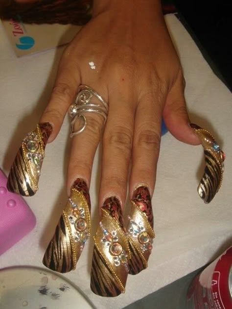 Elegant Long Nails, Asian Nail Designs, Gore Nails Art, Glass Nails Designs, Duck Tip Nails, Crazy Acrylic Nails, Bad Nails, Crazy Nail Designs, Flare Nails