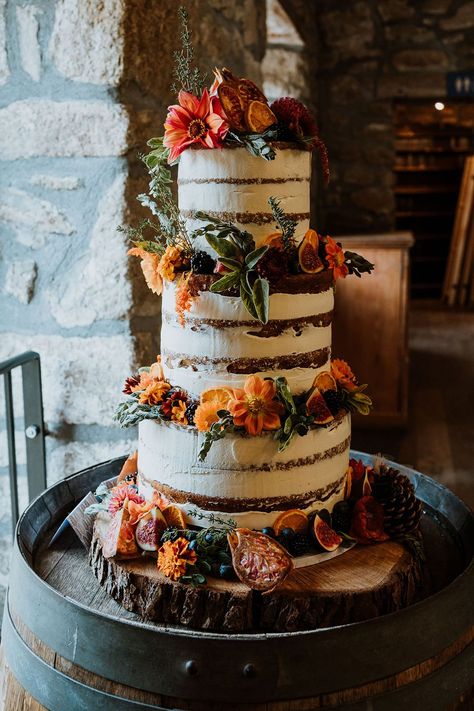 Rustic 3-tier wedding cake complete with naked icing and Autumnal floral decor | Alexa Poppe Wedding Photography Fall Themed Wedding Cakes, Fall Cake Toppers, Barn Wedding Cakes, Autumn Wedding Cakes, Orange Wedding Cake, Boho Wedding Cake, 3 Tier Wedding Cakes, Unique Cake Toppers, Dream Wedding Cake