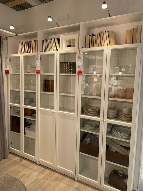 Office Billy Bookcase, Ikea Bookcase Ideas, Billy Bookcase Living Room, Billy Bookcase Office, Billy Ikea, Home Library Rooms, Bookcase With Glass Doors, Ikea Living Room, Casa Country