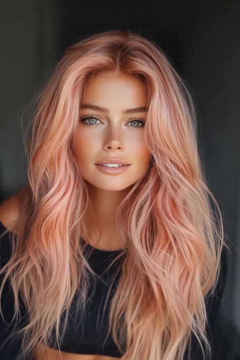 Elevate your look with a stunning rose gold hairstyleThis enchanting hue combines warmth and elegancemaking it perfect for any occasionrosehair longhair Peach Pink Hair Color, Rose Copper Hair Color, Rose Gold Red Hair, Blonde With Rose Gold Highlights, Pink And Copper Hair, Light Rose Gold Hair, Peach Copper Hair, Copper Pink Hair, Chocolate Rose Gold Hair