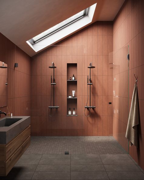 Corten Bathroom Design, Edward Martin Tile, Amber Tiles Bathroom, Rust Shower Tile, Square Terracotta Tile Bathroom, Kitchen Tile, Tile Trim, White Floors, Wood Stone