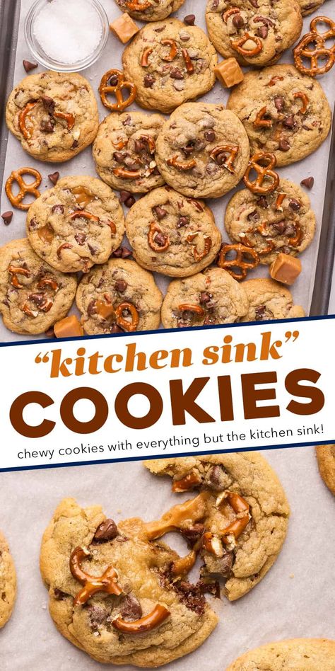 These bakery-style kitchen sink cookies are soft and chewy, and oh so delicious! Made with two types of chocolate, gooey caramel, crunchy pretzels, and flaky sea salt, they're perfect for cookie exchanges, dessert trays, or a fun afternoon treat. Everything Cookies Kitchen Sinks, Kitchen Sink Cookies With Oatmeal, Fresh Market Kitchen Sink Cookies, Easy Pantry Cookies, Cookies With Everything In Them, Kitchen Sink Cookie Recipes, Best Kitchen Sink Cookies, Dish Pan Cookies, Everything Cookies Pioneer Woman